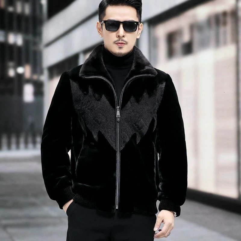 Mens winter mink coat mens long sleeved warm zipper jacket mens leather casual jacket I547 241107