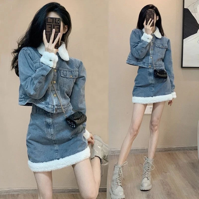 Women Y2K Denim Sets Winter Thicken Elegant Long Sleeve Short Jackets with Mini A-line Skirts Suit Harajuku High Street Outfit 241107