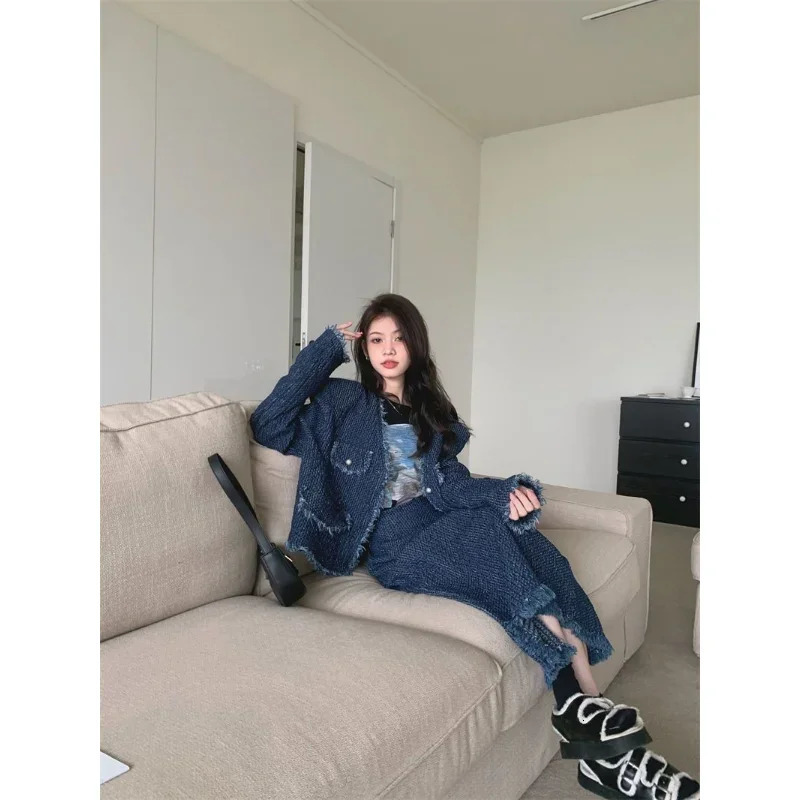 Insozkdg Korean Spring Autumn Suit Femininity Edge Denim Jacket Skirt Casual Fashion Two-piece Set Women High Street 241107