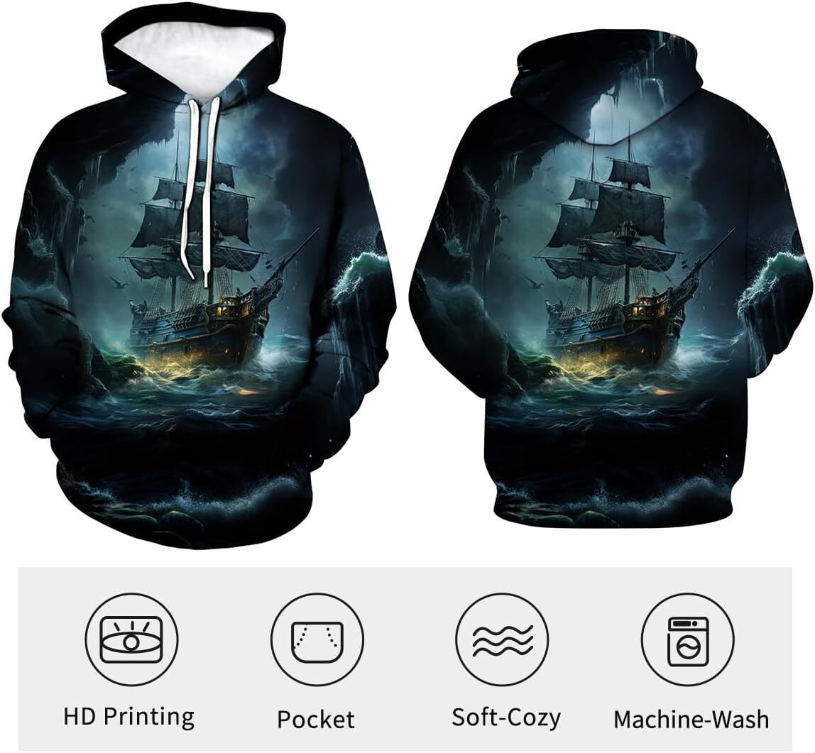 Hoodie for Mens Womens Funny Pirate Hoodie Pirate Ship Graphic Sweatshirt Graphic Hoodies sweatshirt Pullover Long Sleeve Cool pirate ship pattern