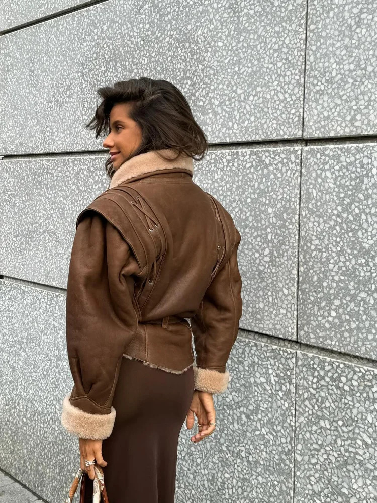 Retro lace brown patch work lapel jacket womens fashion pocket loose jacket with belt autumn/winter high street jacket 241107