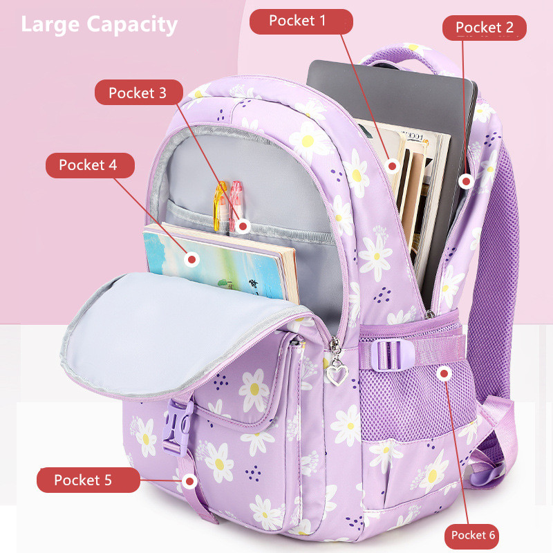 large capacity school backpacks for 7 to 10 year old girls middle school bag purple bookbag flower backpack with many pockets