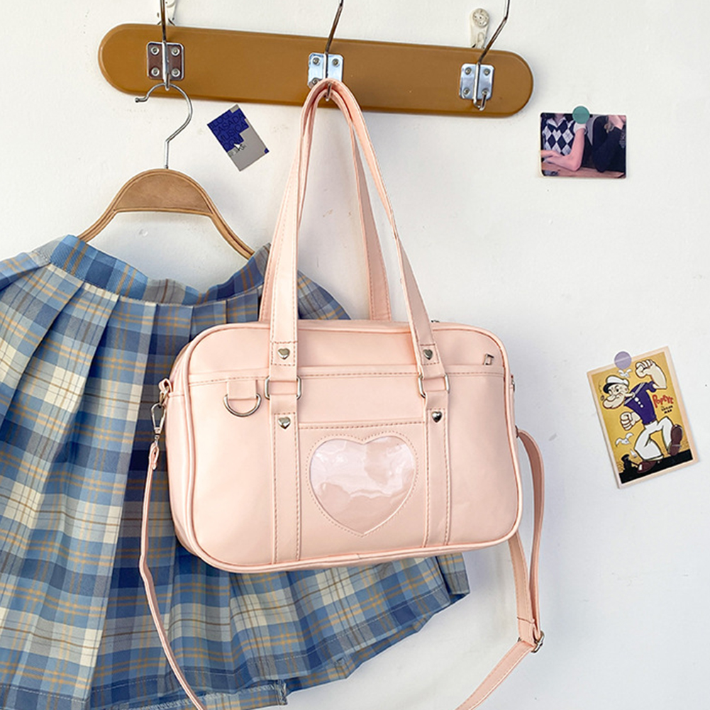 Women Girls Cosplay Satchels Large Capacity PU Comic Shoulder Bag Transparent Love Heart Adjustable Strap for Shopping Commuting