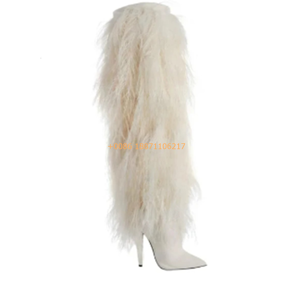 Sexy Ladies Catwalk Knee-High 2024 Autumn Winter Pointed Black Furry Model Stilettos Fashion Party Casual Street Long Boot