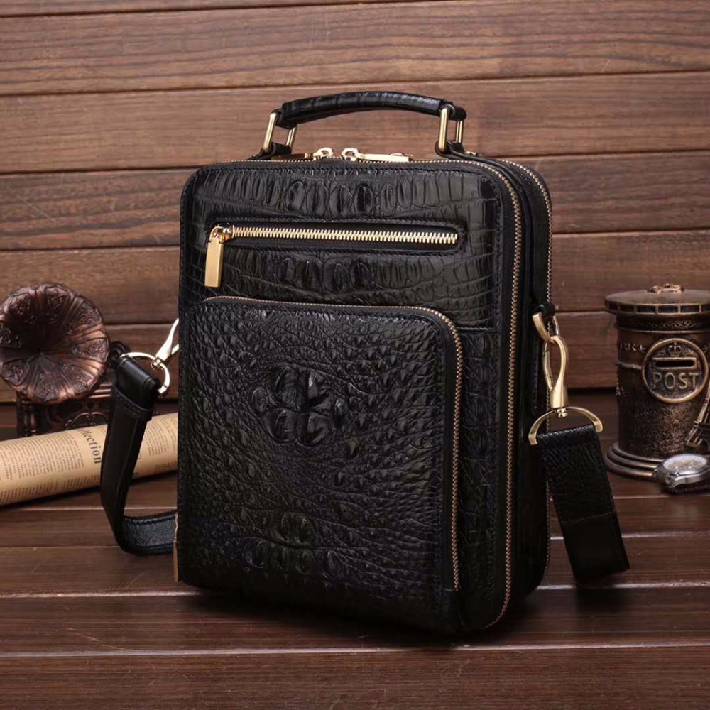 100% genuine real crocodile leather head skin men shoulder cross body bag with top handle zippers closure brown black
