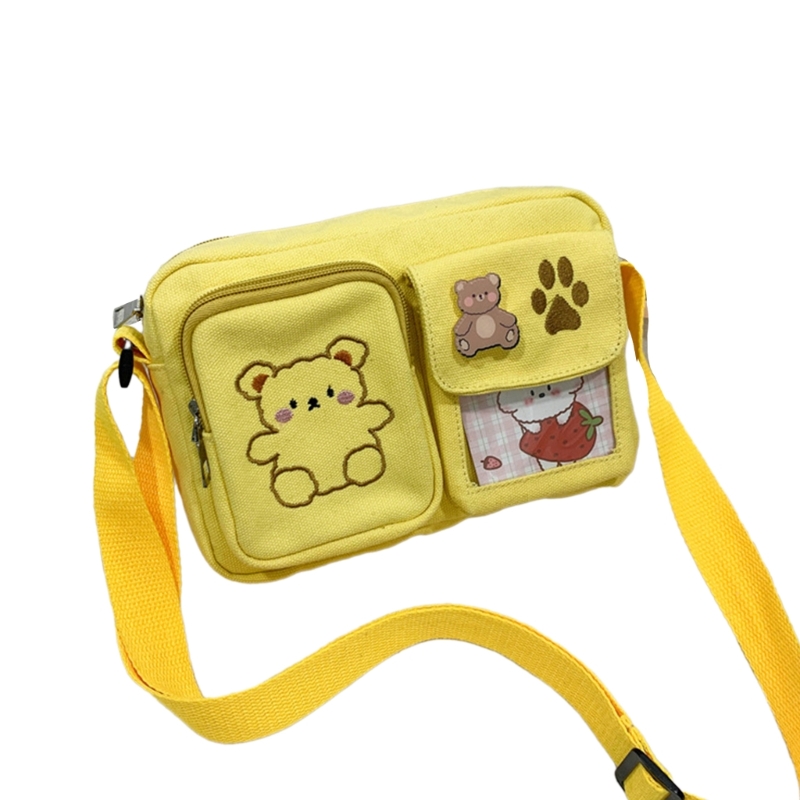 & Compact Canvas Shoulder Bag Bag with Bear Embroidery for Teens