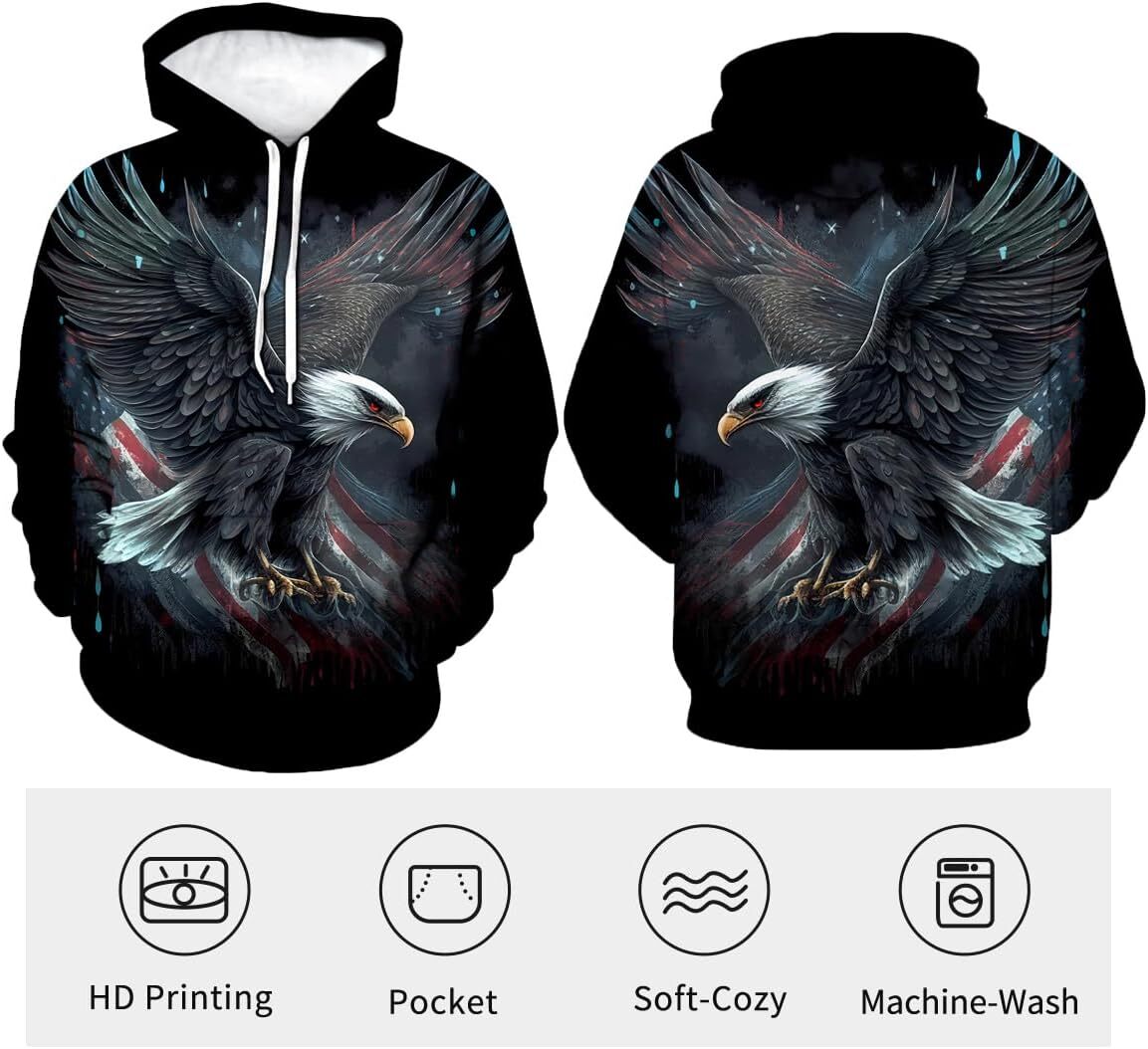 Hoodie for Mens Womens Mens 3D Eagle Print Hoodie - Patriotic Theme, Animal Graphic Sweatshirt Graphic Hoodies sweatshirt Pullover Long Sleeve Cool ea