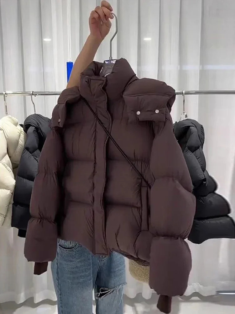 Womens Brown Jacket Parkas Warm Thick Long Sleeve Paddle Coat Fashion Turtle Neck Coat 2000s Winter Clothing 241107