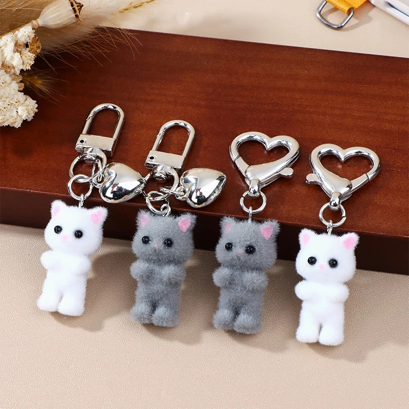 Cute Soft Cushioned Cat Keychain Three way Love Phone Pendant Earphone Box Charm Packaging Decoration Car Key Ring Jewelry Gift 241107