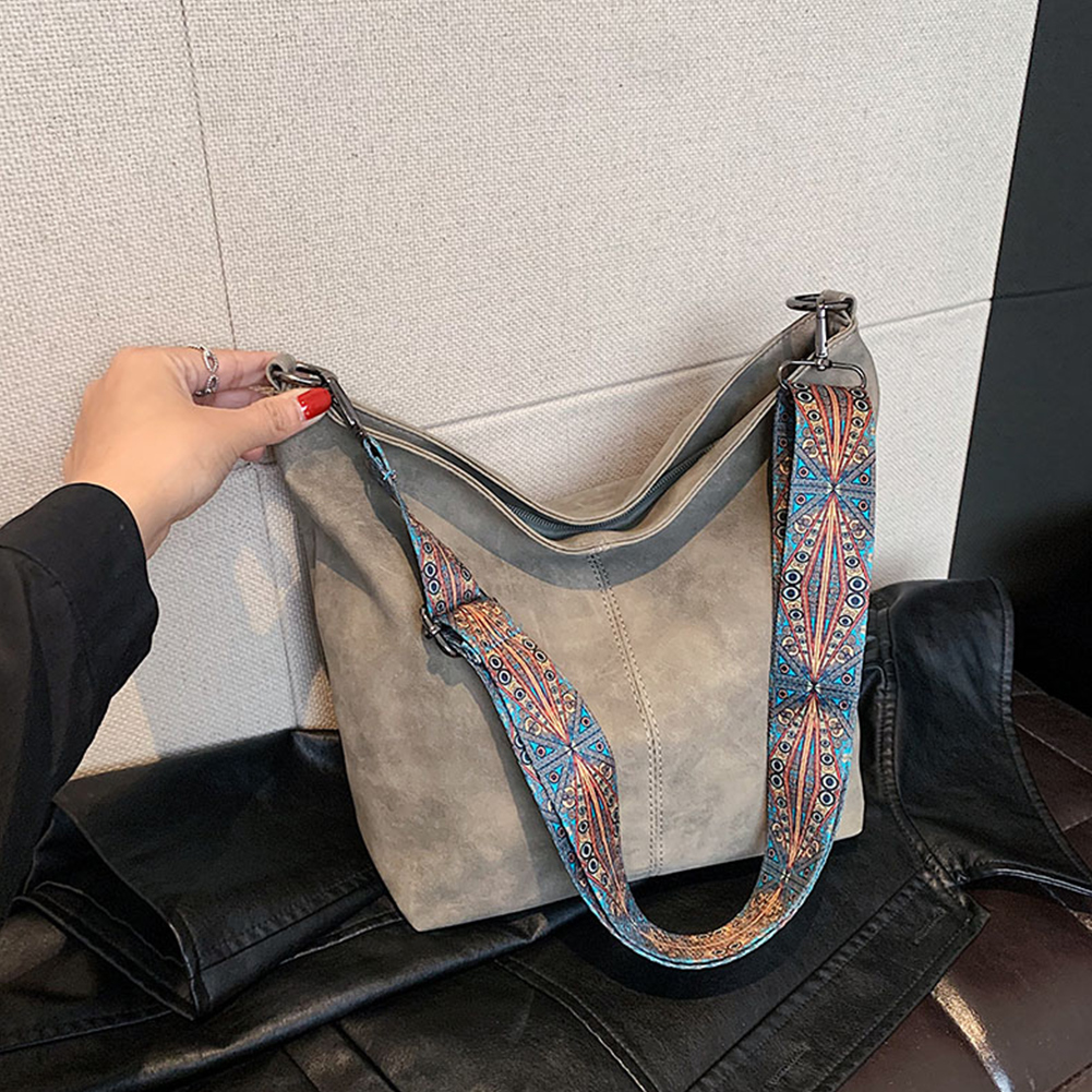 Vintage Solid Color PU Leather Women Fashion Shoulder Sling Bag Simple Wide Strap Bucket Crossbody Bag Retro Style Hobo Bag