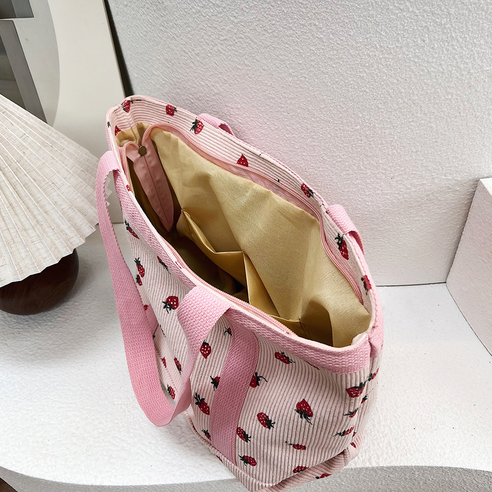 Women Strawberry Printed Shoulder Bag Large Capacity Corduroy Strawberry Pattern Underarm Bag Zipper Closure Girls Outdoor Bag