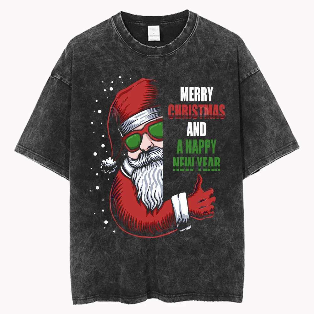 Super sized Santa Claus cotton washed T-shirt for women loose O-neck T-shirt Christmas Y2k casual retro short sleeved top X241107