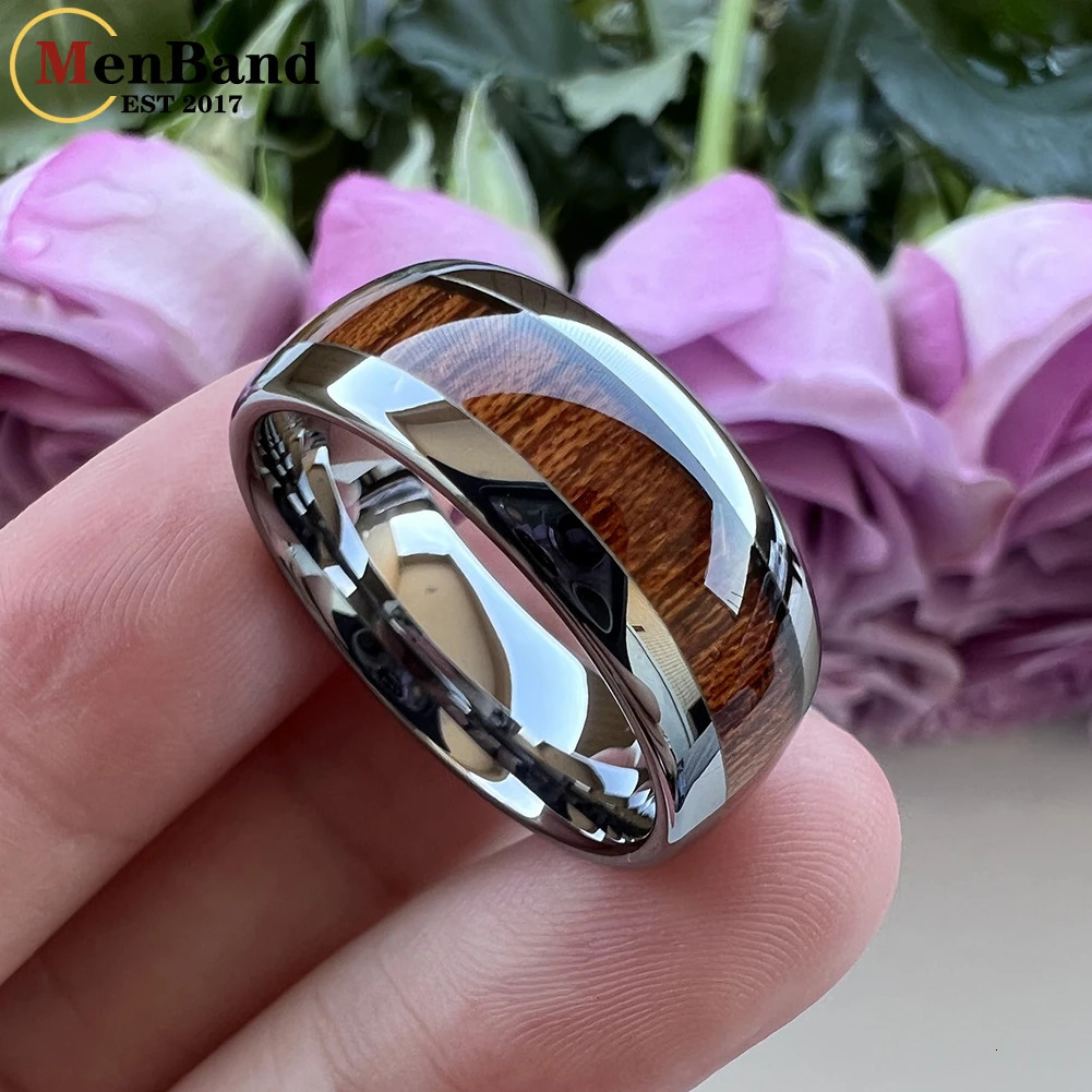 MenBand Jewelry Fashion 6/8MM Tungsten Carbide Wedding Ring with Redwood Inlaid Dome Polishing Comfortable Fit 241106