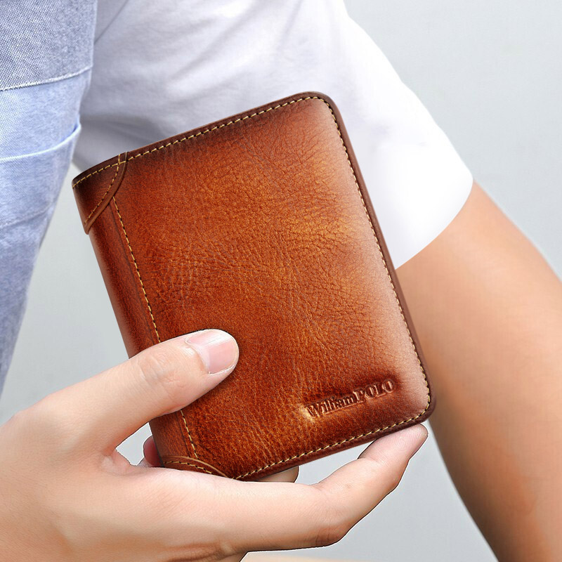 WILLIAMPOLO Luxury Genuine Leather Men Wallet Short Small Card Holder High Quality Male Wallet Pocket Retro purse wallet for men