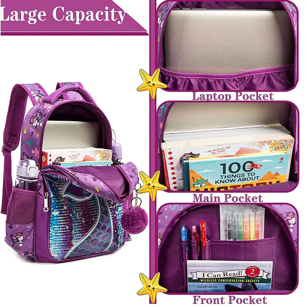 16 Inch School Backpack Girls Girls School Supplies Set Bags Girls School Sequin Backpack with Lunch Box Backpack Women