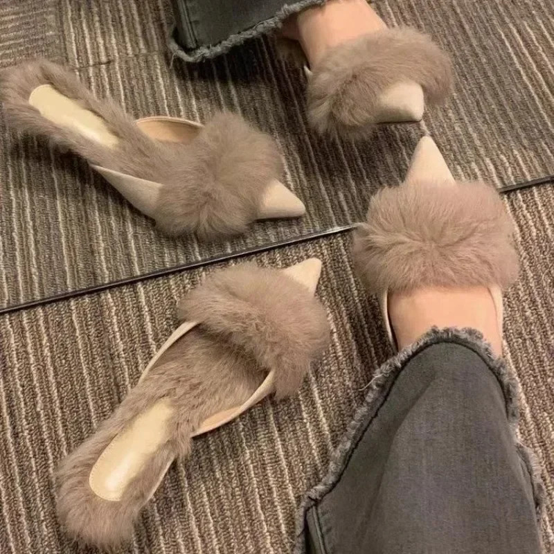 Women High Heel Shoes Fur Slippers Mules Pointed Toe Furry Slides Fashion Elegant er Flip Flops Office Pumps 241106