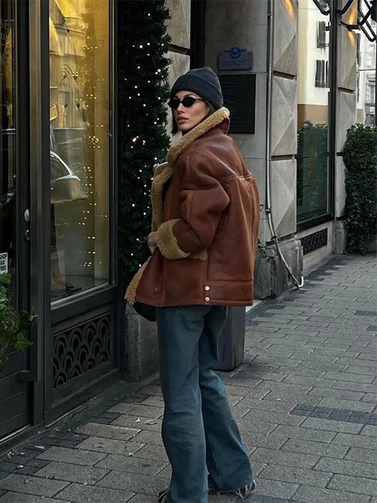 Winter Thick Spliced Fur Short Sleeve Jacket Fashion Single Chest Brown Pocket Jacket Womens High Street Wear 241107