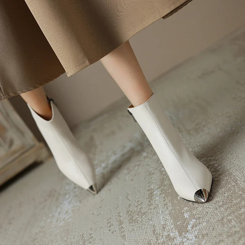 2024 Autumn Modern Women Pointed Toe Thin Heel Retro Ankle Boots High Heels Winter Ladies Shoes White