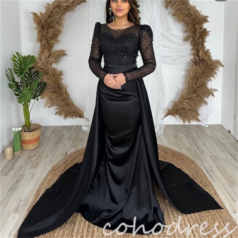 Elegant Black Evening Dresses With Overskirt Long Sleeve Arabic Dubai Prom Dress 2025 Vintage Sequin Mermaid Formal Birthday Party Gowns Abaya Vestio 