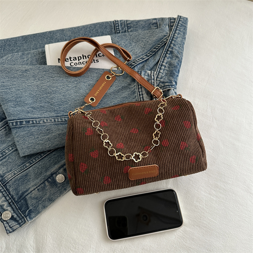 Cute Strawberry Print Shoulder Bag Corduroy Trendy Crossbody Bag with Adjustable Strap Designer Tote Bag for Women