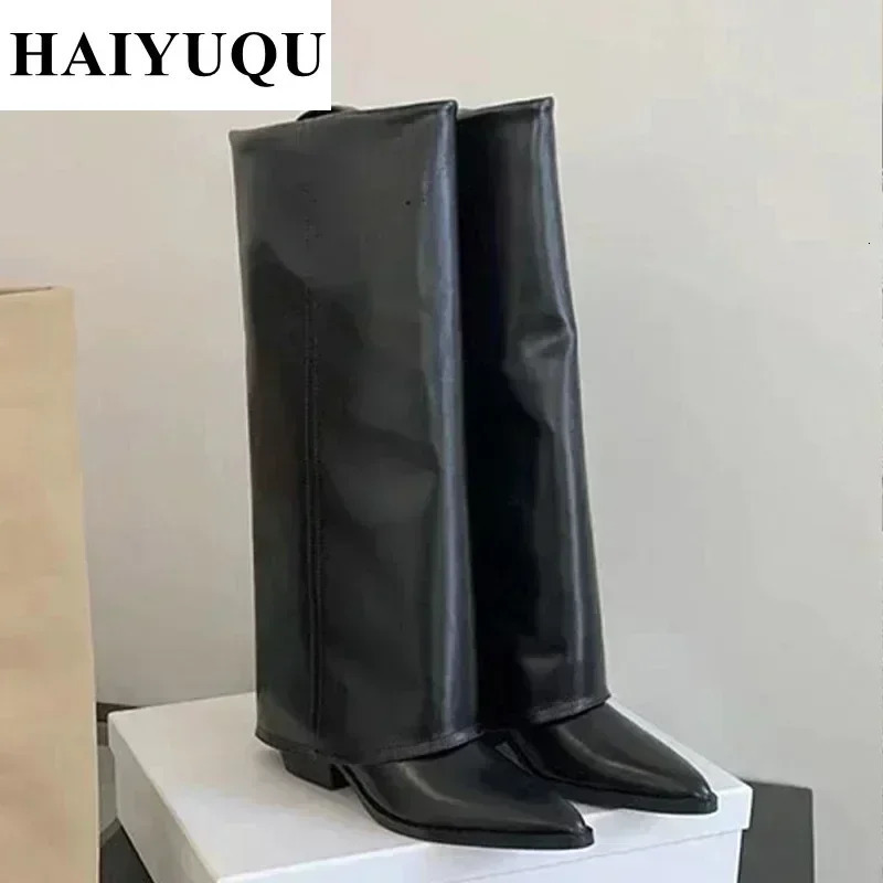 Knee High Heels Women Boots Leather Chunky Fashion Shoes Pointed Toe Snow Long Boots er Pumps Punk Chelsea Botas Mujer 241106