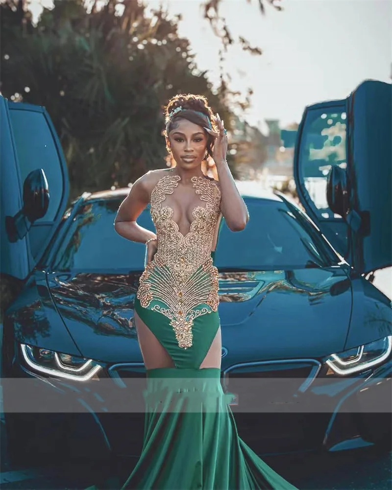 Luxuy Diamonds Green Long Prom Dresses 2024 Sparkly Gold Beads Rhinestone Crystal Birthday Reception Party Gown Evening Gowns 0431