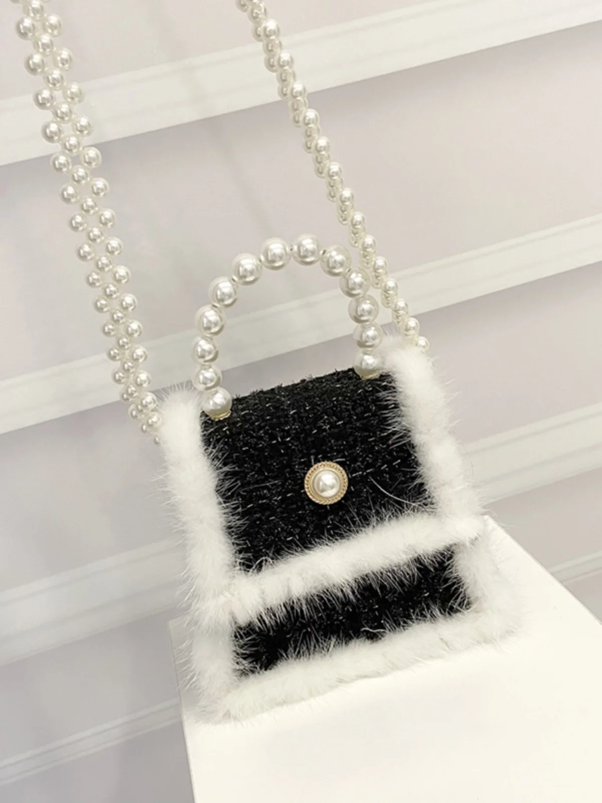 High-quality mink fur tweed chain crossbody pearl tote shoulder bag 2023 new autumn