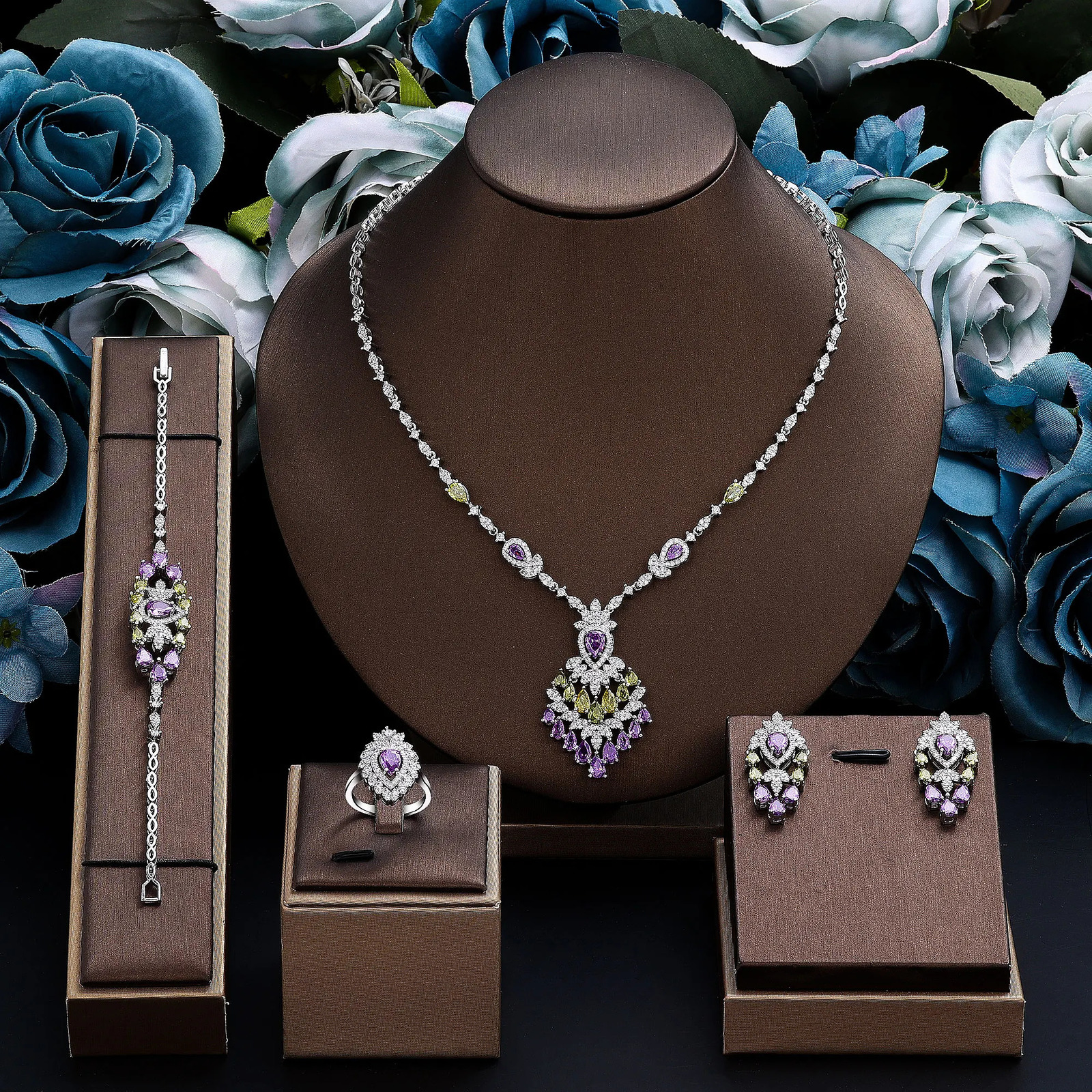 Elegant Wedding Jewelry Set Dubai UAE Bridal 4-piece Jewelry CZ Zircon Tassel Necklace Earring Set 241106