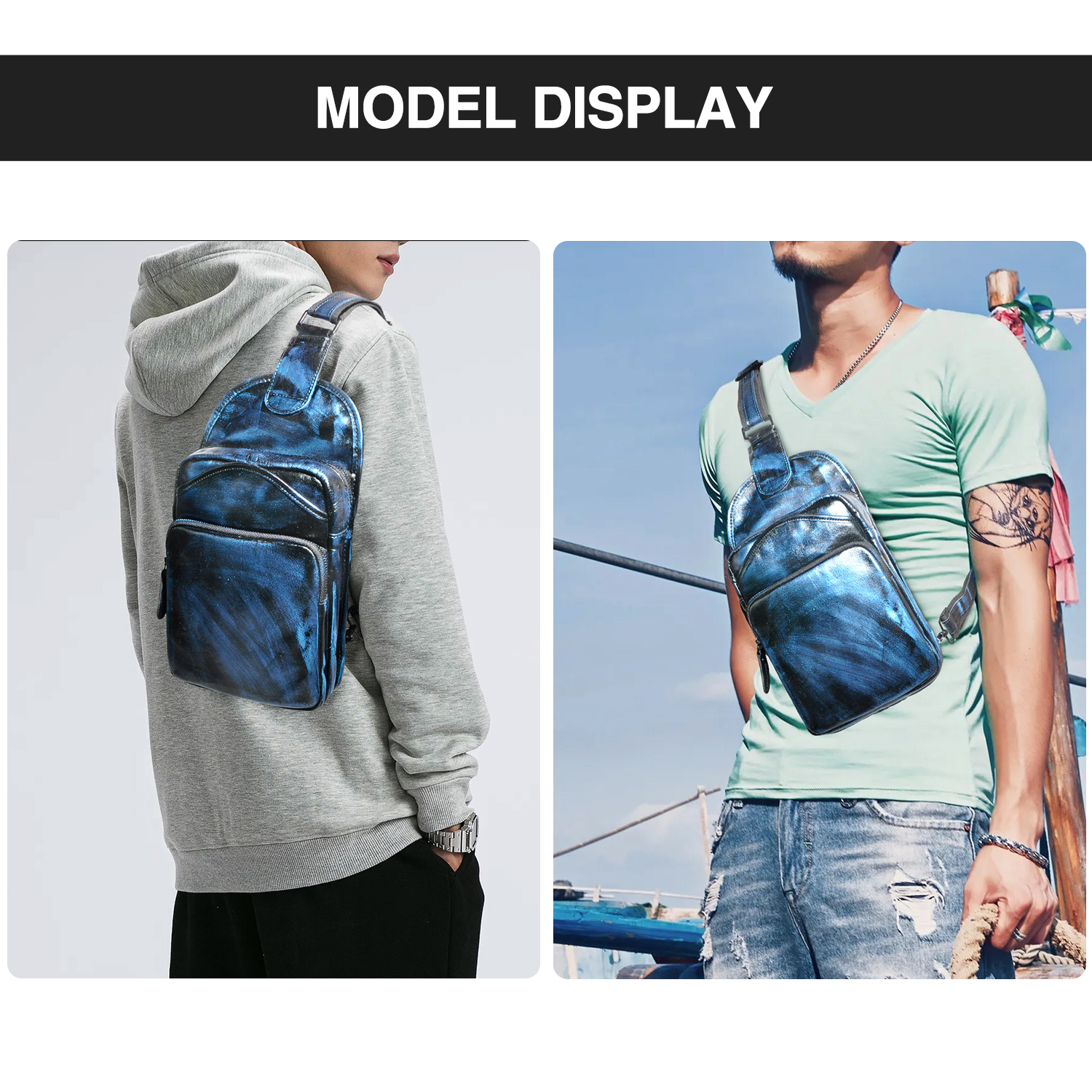 Le'aokuu Men Crazy Horse Leather Casual Vintage Fashion Blue Chest Sling Bag Design One Shoulder Crossbody Bag For Male 9977