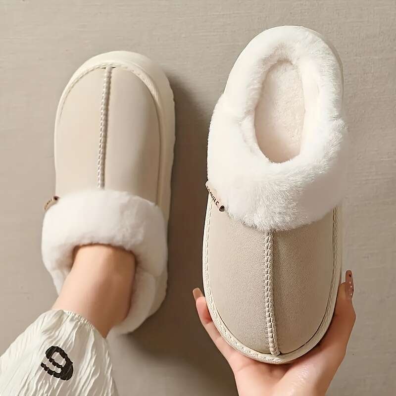 Ladies' winter slippers, elegant solid color design, warm plush comfortable indoor home shoes, EVA sole suitable for all seasons, fabric upper, u