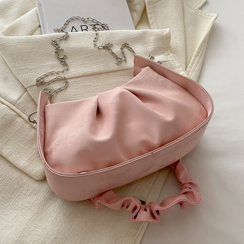 Women Ruched Shoulder Bag with Pearls Pleated Crossbody Bag Detachable Strap Simple Underarm Bag Ladies Leisure Handbag