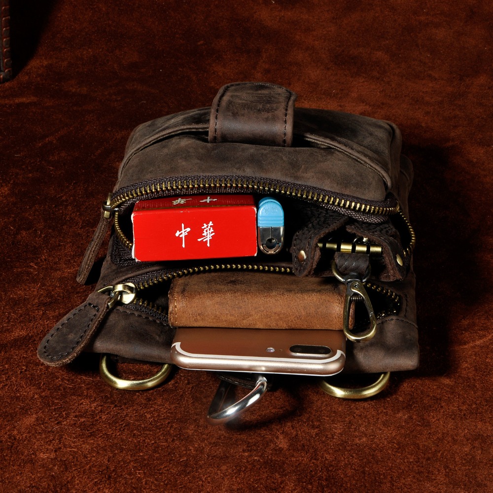 Crazy Horse Leather Male Casual Design One Shoulder Messenger bag Fashion Hook Belt Fanny Waist bag Pack Summer Small Phone 6549