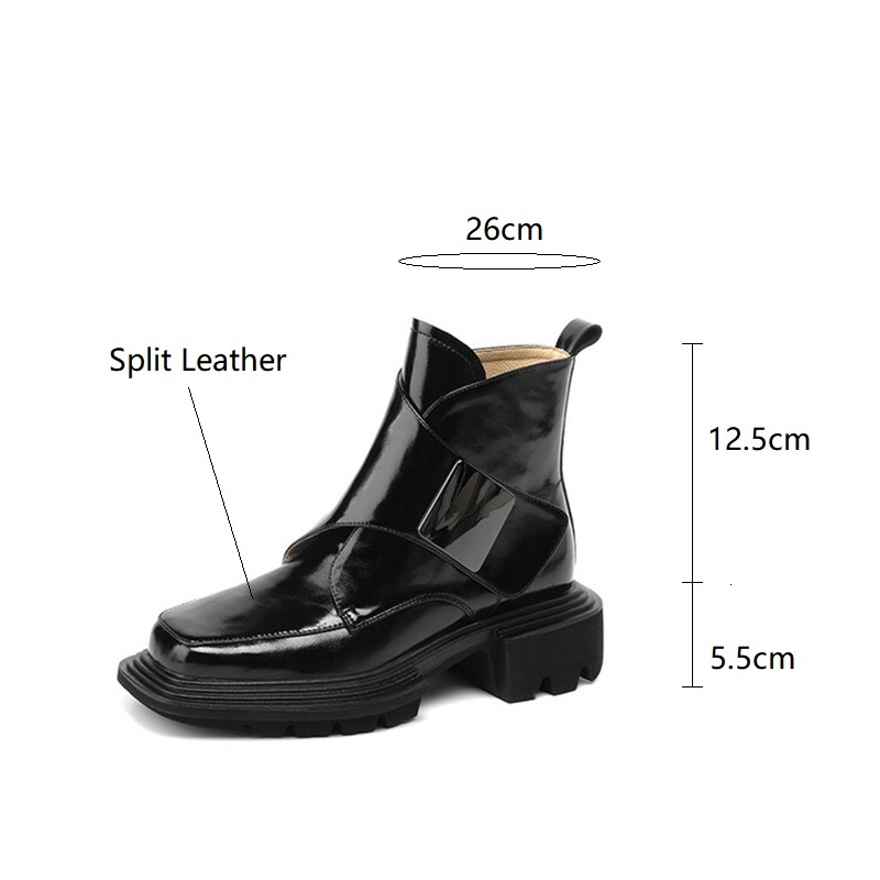 New Winter Split Leather Square Toe Chunky Heel Platform For Women High Heels Short Boots Concise Ladies Shoes