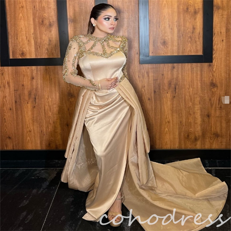 Luxury Gold Mermaid Evening Dresses With Overskirt Gorgeous Arabic Dubai Crystal Prom Dress Long Sleeve Special Occasion Dress Elegant Ceremony Party