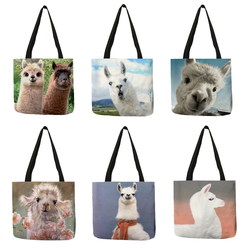 Customized Alpaca Print Reusable Shopping Bag Casual Fabric tote Bags For Women Fashion Handbags Dropship Traveling Beach Bags