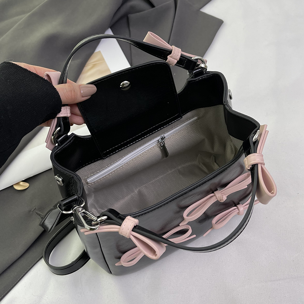 Sweet Bow Shoulder Bag PU Leather Aesthetic Crossbody Bag Contrast Color Trendy Tote Bag with Adjustable Strap Top Handle Bag
