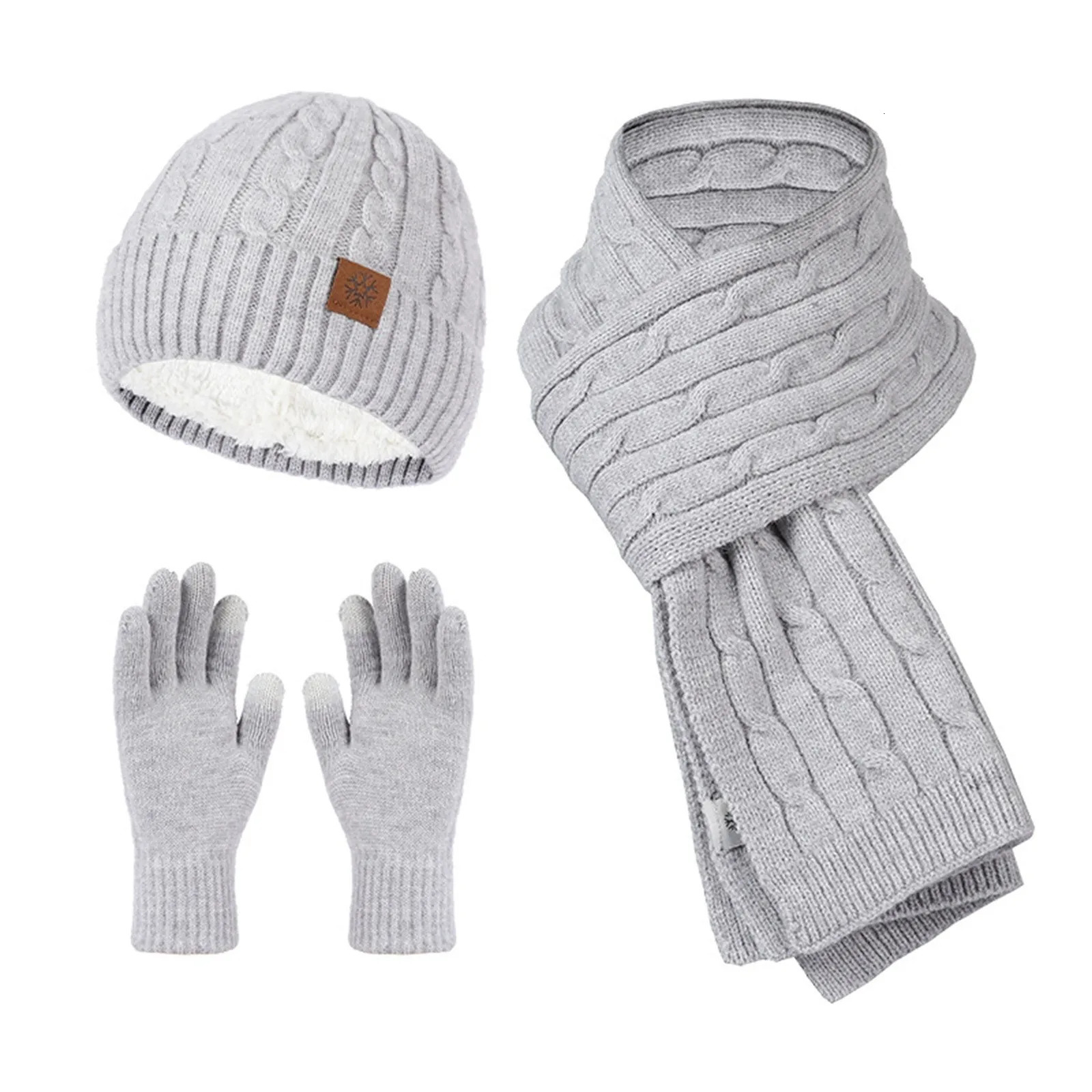 Womens Knitted Beanies Cold Hat 3-Piece Warm Winter Hat Womens Solid Color Scarf Hat Scarf Glove Hat Womens Three Sets 241107