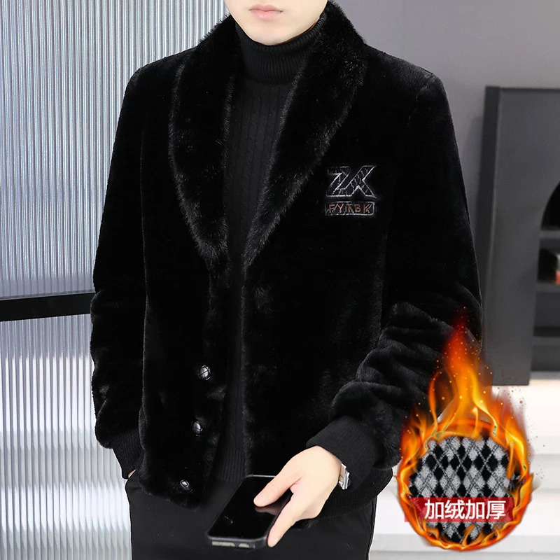 Simulated mink fur integrated leather wool jacket winter thick and warm short sleeved coat casual business social windproof 241107