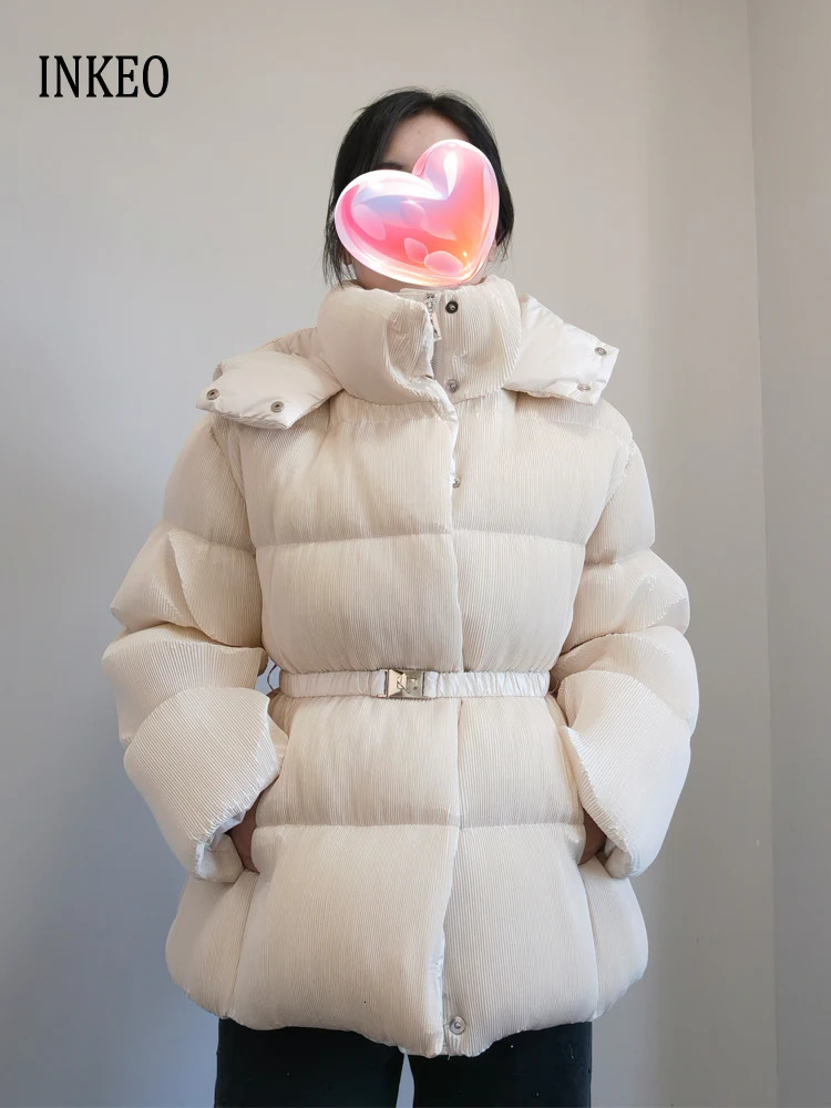 womens pleated down jacket with belt winter warm thick hooded cushioned jacket beige brown fashionable jacket INKEO DJ087 241107
