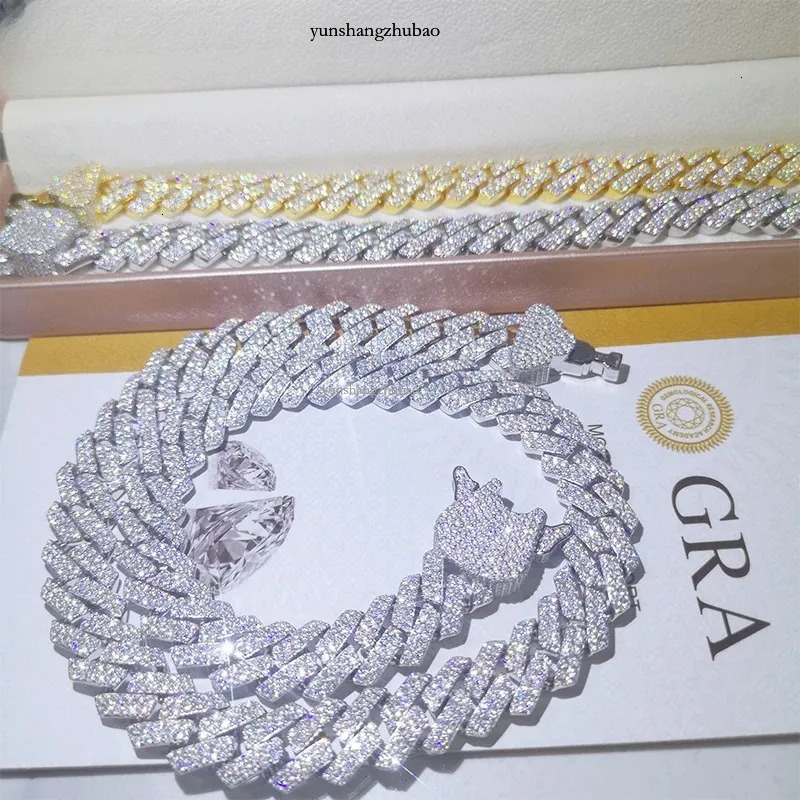 fashion bracelet pass dia hip hop Men and women jewelry vvs stone Shiny 2row womens 14mm sterg sier necklace moissanite cuban chain k