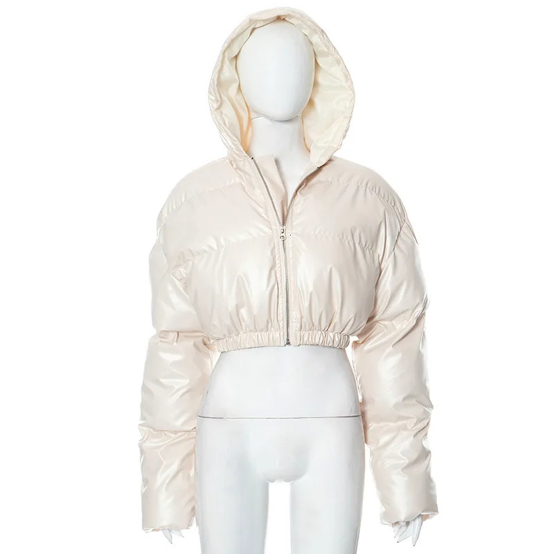Womens PU Leather Hooded Puff Jacket Winter Thick Warm Waist Puff Coat Zipper Hoodie Short Puff Coat 241107