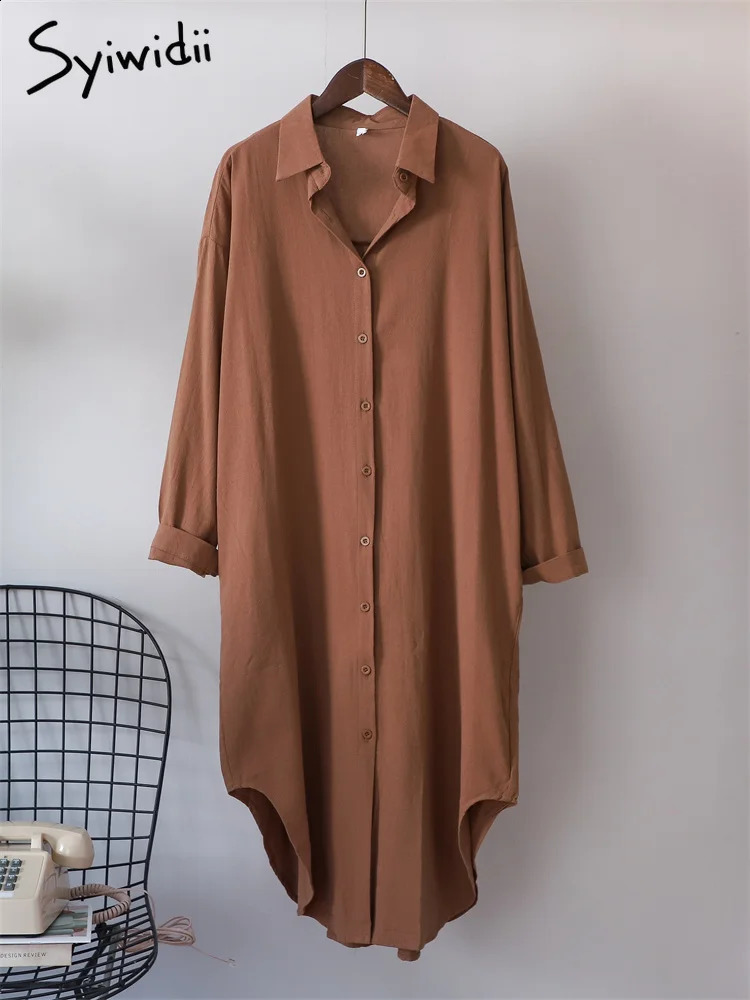 Syiwidii White Shirts Dress for Women Oversized Casual Cotton Loose Dresses Long Sleeve Button Up Blue Midi Long Blouses Dress 240325