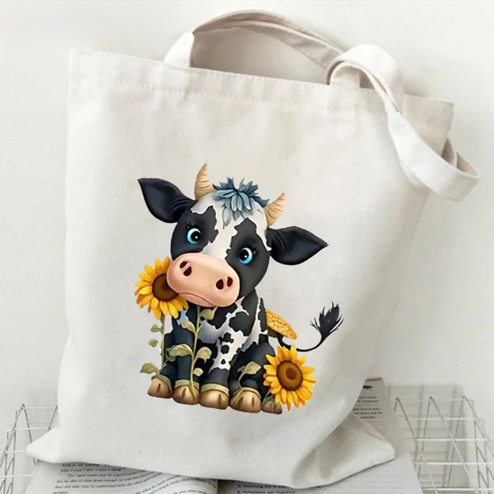 Women's Cute Sunflower Cow Print Canvas Tote Bag Student Large Capacity Beach Shoulder Bag Women Casual Travel Shopping Handbag