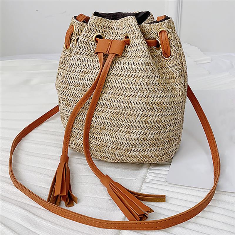 Vintage Fashion Small Women Woven Rattan Straw Bucket Bag Handbag Tassel Drawstring Shoulder Bag Messenger Crossbody Bags Purses