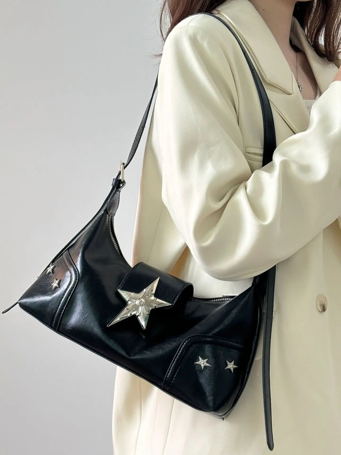 Fashion Womens Shoulder Bag Star Rivet Y2k Wallet Girl Underarm Cross Body Bag Soft Pu Leather Womens Handbag 241106