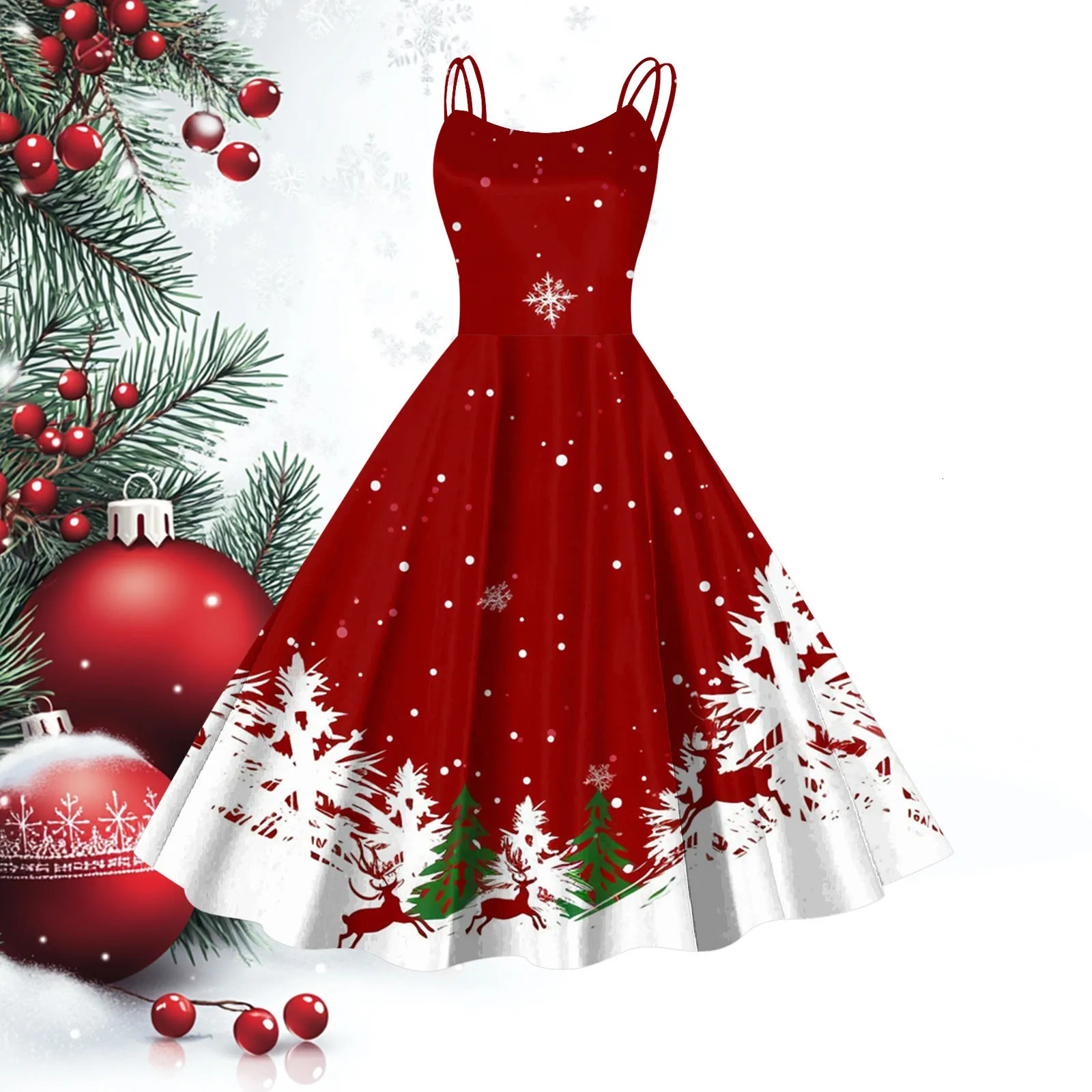 Winter Christmas Flowy Dress for Women Cute Printed Sleeveless Suspender Fit and Flared Dress Vintage Pleated Swing Hem Dress 241107