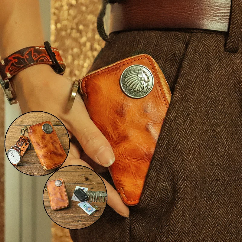 Luxury High Quality Original Leather Men Key Holder Organizer Pouch Wallet Retro Housekeeper Key Case Men's Waist Zipper Key Bag