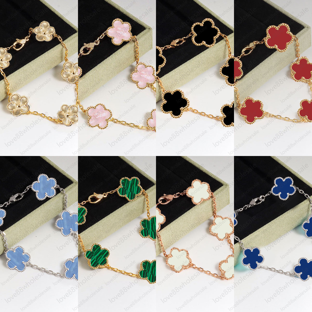 Braceuse de créateur Classic Clover Charm Bracelet Mother of Pearl Gem Agate Flower 18K Gold plaqué bracelet bracelet pour hommes bijoux de créat