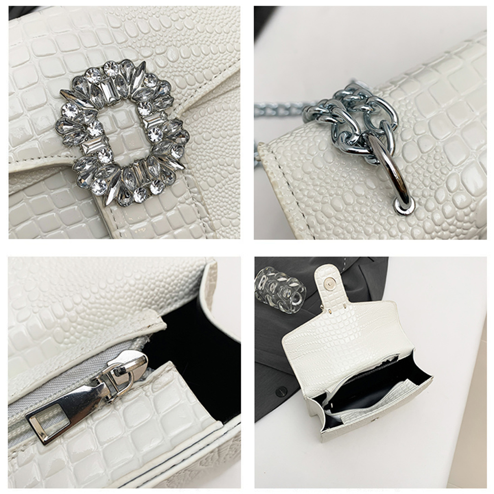 Women PU Flap Shoulder Bag Stylish Commuting Bag Crocodile Pattern Fashion Square Handbag with Diamond Decor for Outdoor Travel