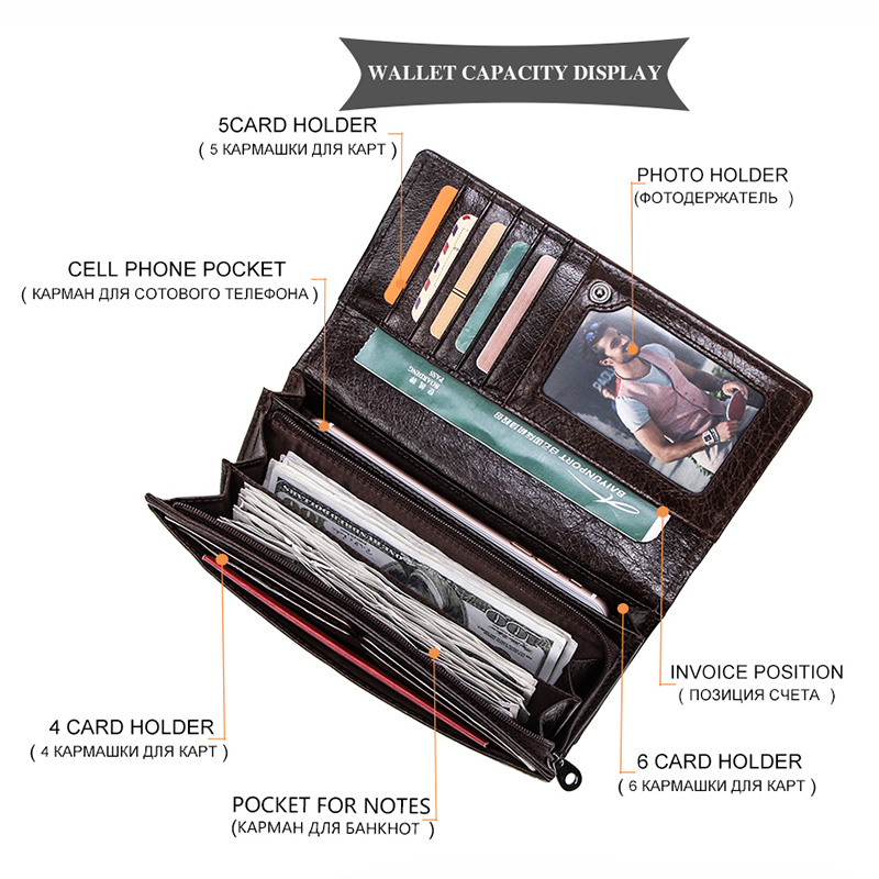 CONTACT'S Genuine Leather Men Long Wallets with Zipper Coin Purse Large Capacity Male Clutch Wallet for iPhone Passport Cartera